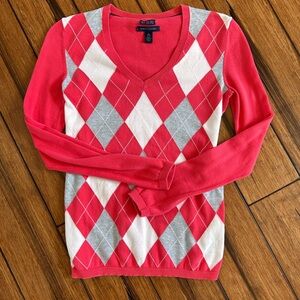 Tommy Hilfiger XS Argyle V-Neck Sweater - Red, Pink Gray, and White